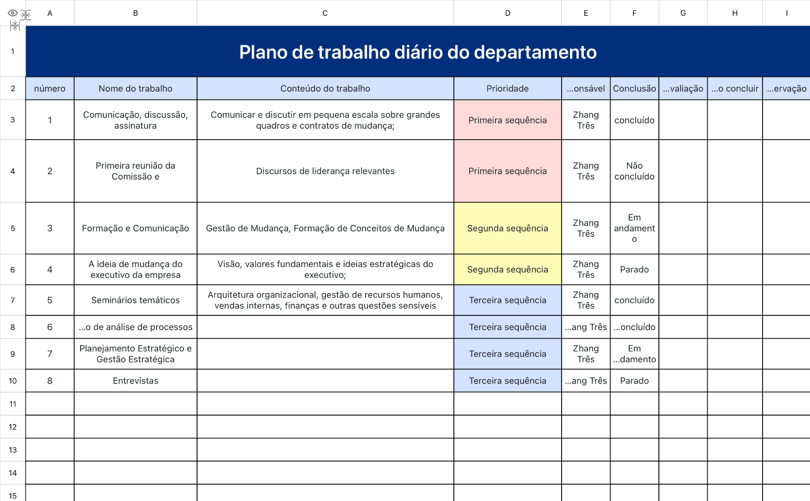 Plano de trabalho diário do departamento